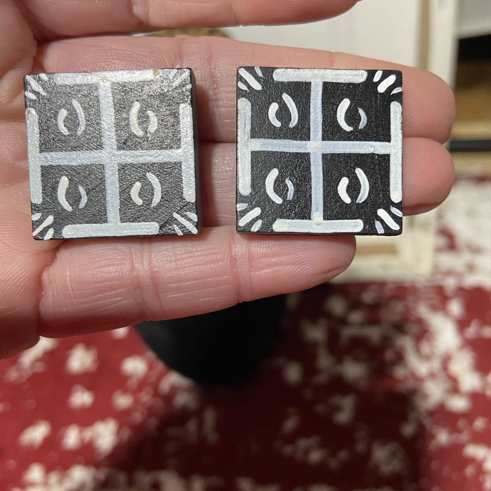 Painted African Mud Cloth Stud Earrings Black and White Wooden
